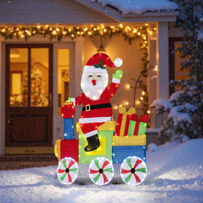 4FT Lighted Santa Claus on Train, 2D Pre-Lit Indoor Outdoor Christmas Decoration