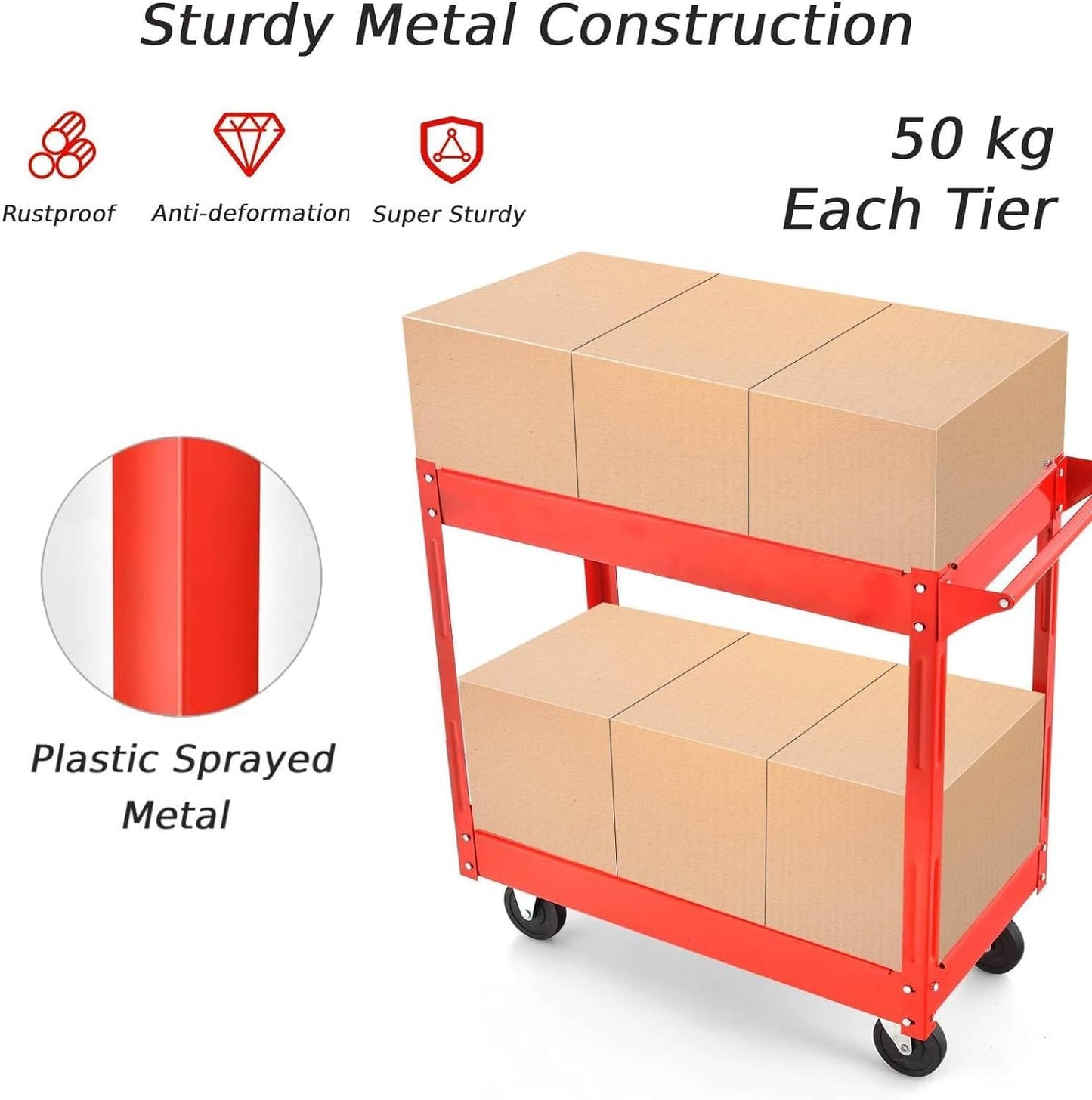 Metal Frame Utility Service Cart with 4 Wheels and Handle