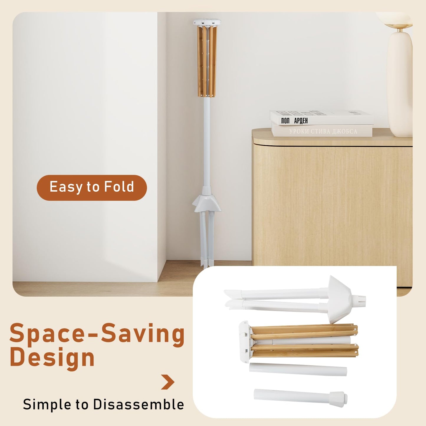 Foldable Laundry Drying Rack with 8 Bamboo Hanging Rods and 4-Legged Design