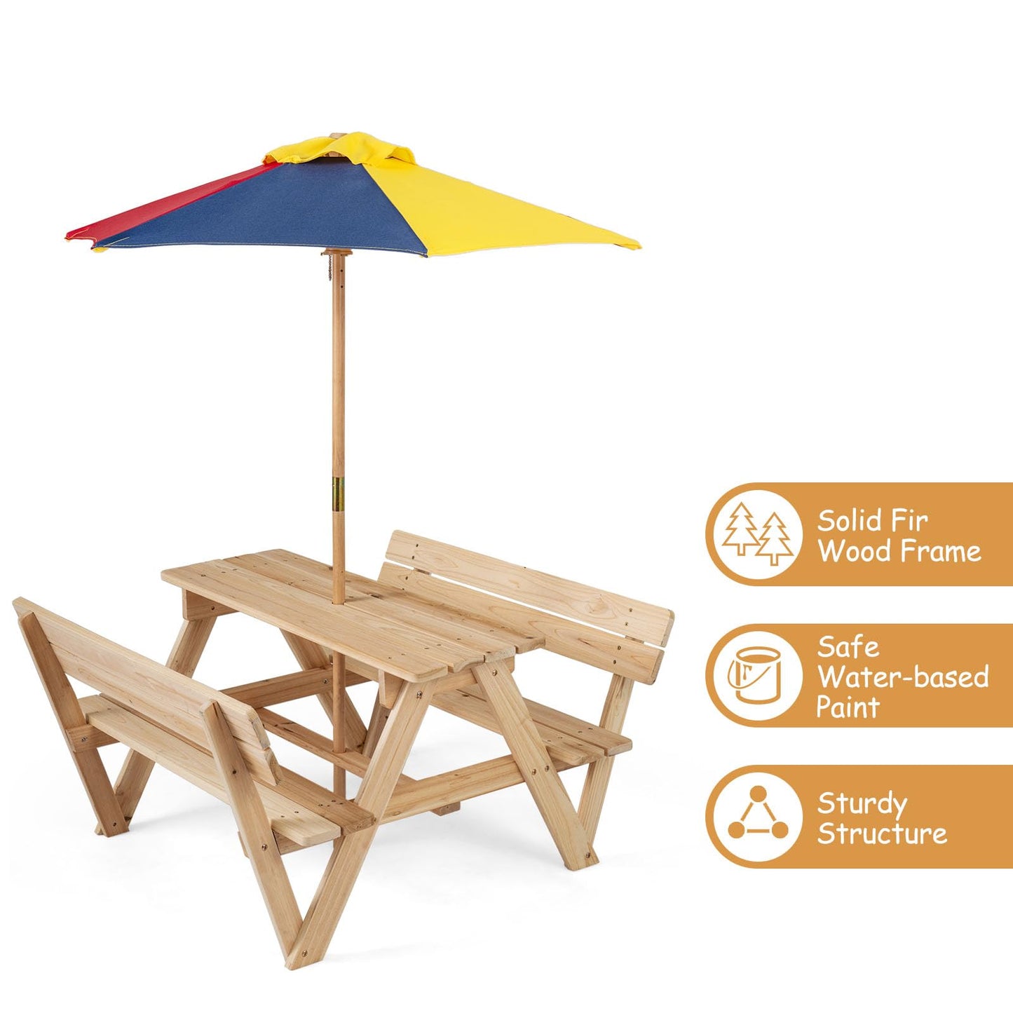 Kids Picnic Table Bench Set, Children 4 Seat Activity Play Table with Removable & Folding Umbrella