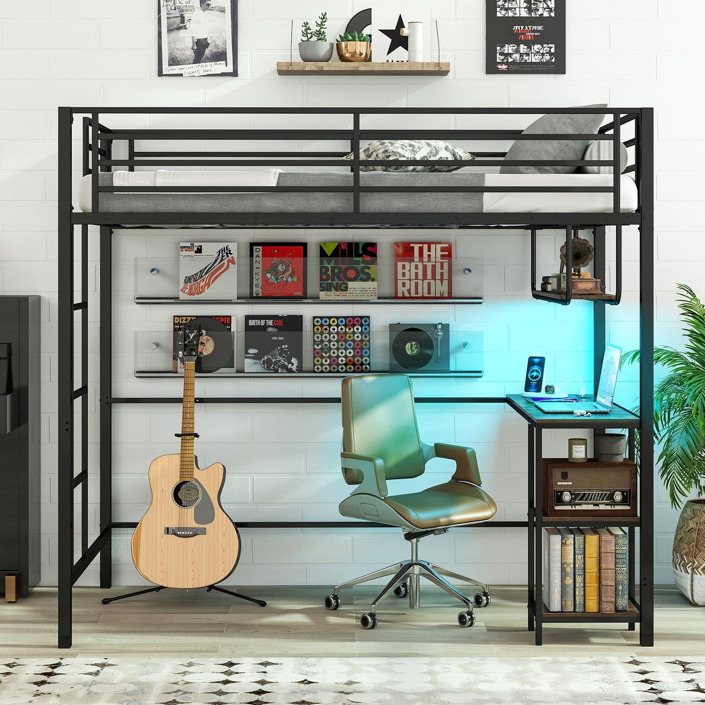 Metal Bunk Bed with Desk, RGB LED Lights, Charging Station