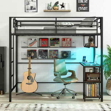 Metal Bunk Bed with Desk, RGB LED Lights, Charging Station