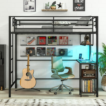 Metal Bunk Bed with Desk, RGB LED Lights, Charging Station