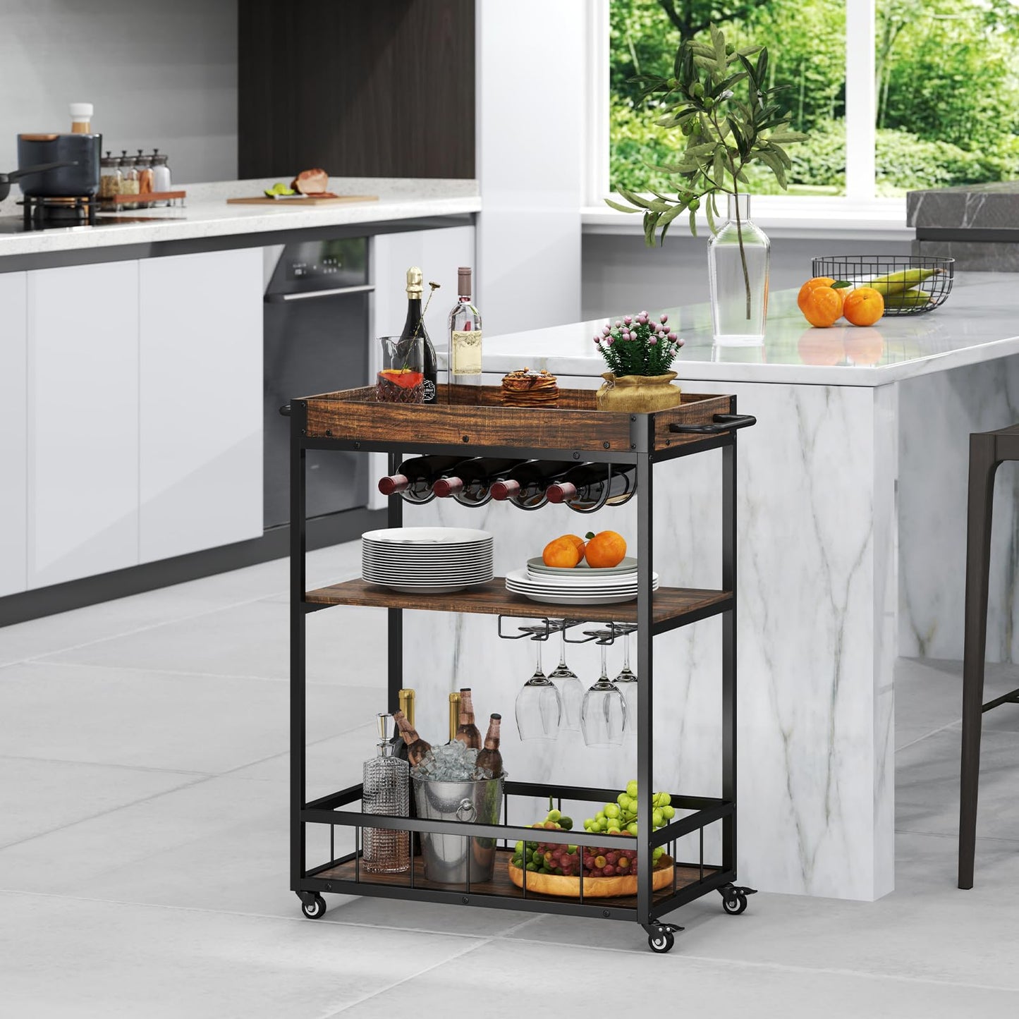 Home Bar Cart on Wheels Kitchen Serving Cart with Removable Tray