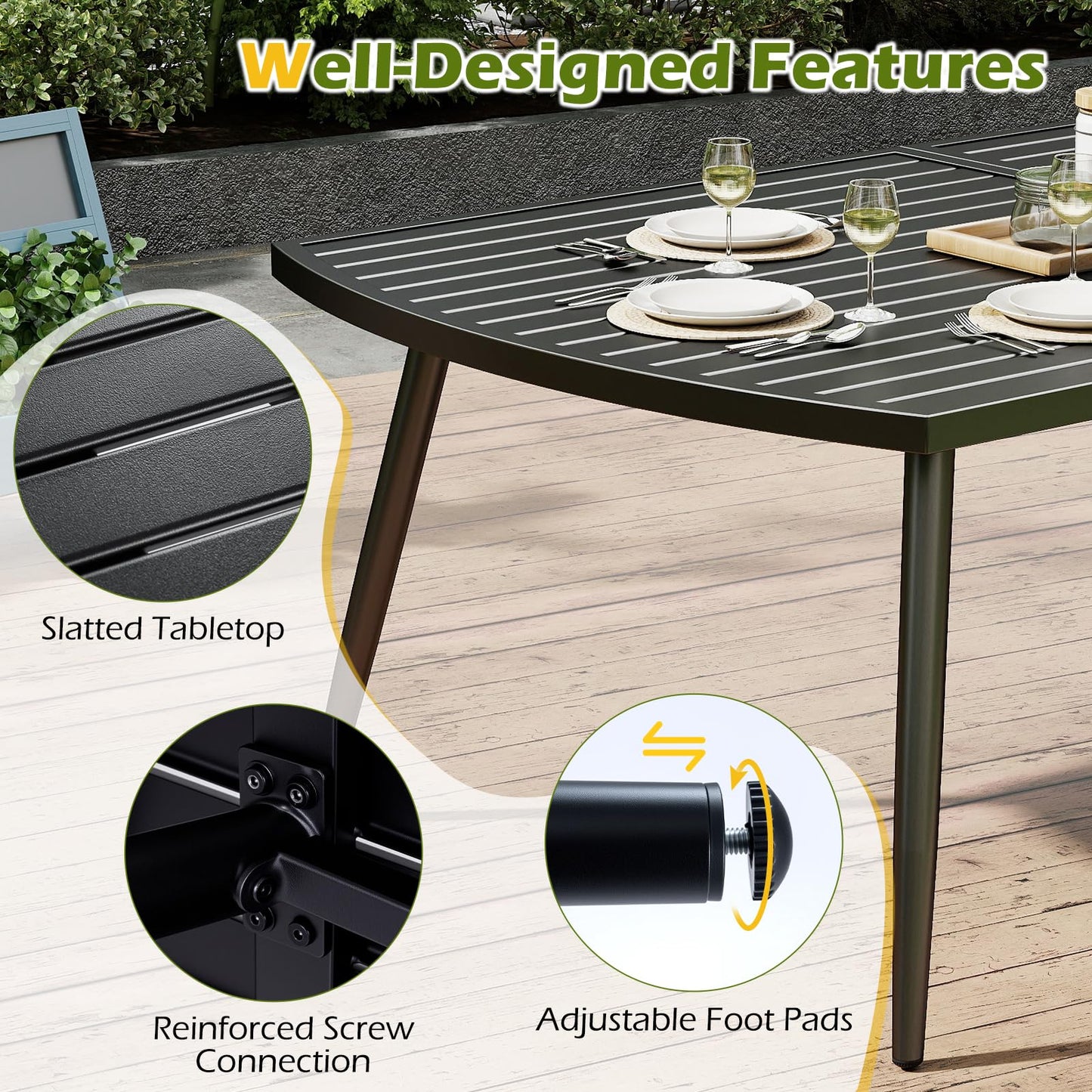 160 x 90cm Garden Table for 6, Outdoor Dining Table with 4cm Umbrella Hole