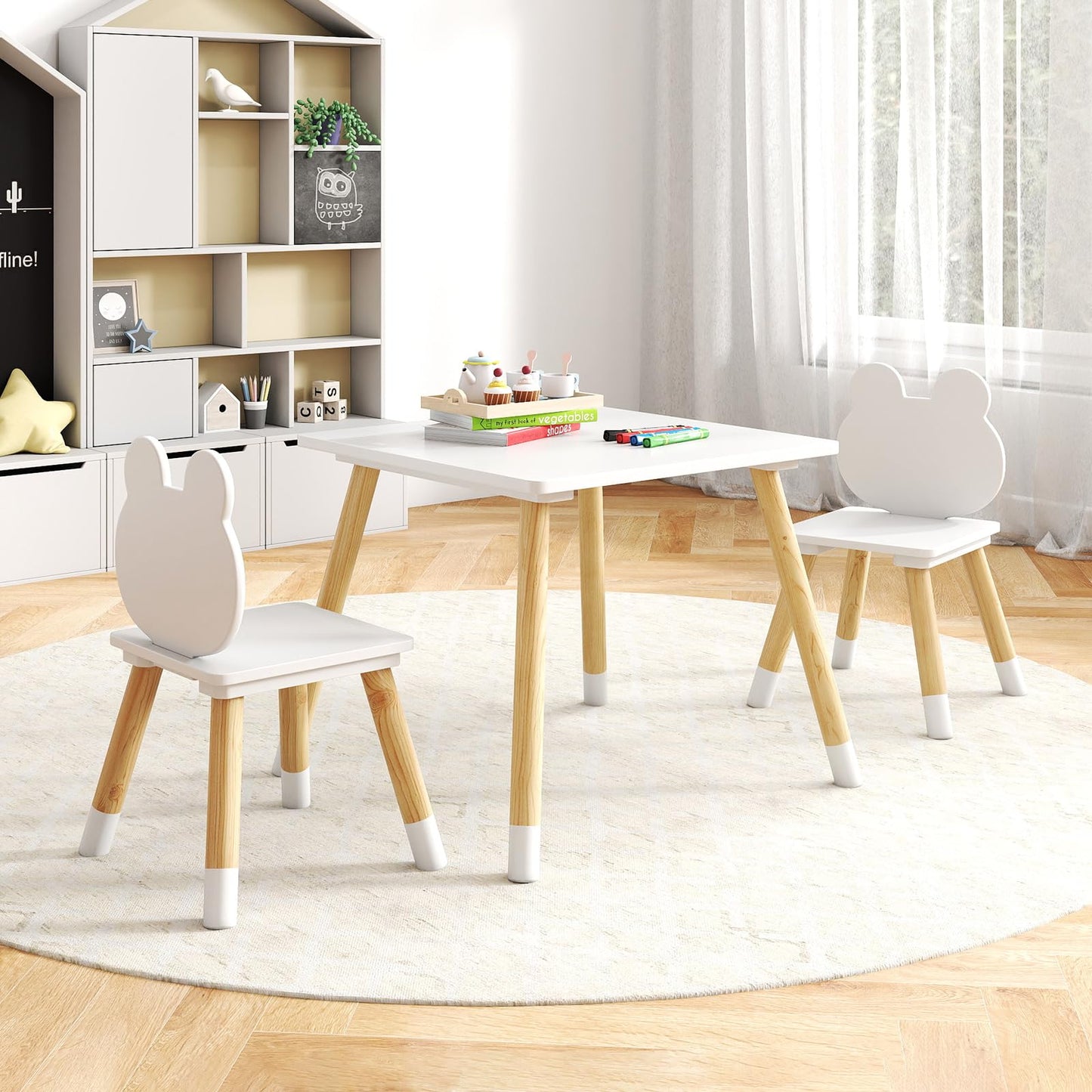 Kids Table and Chair Set, Children Activity Table with 2 Chairs and Pine Wood Legs