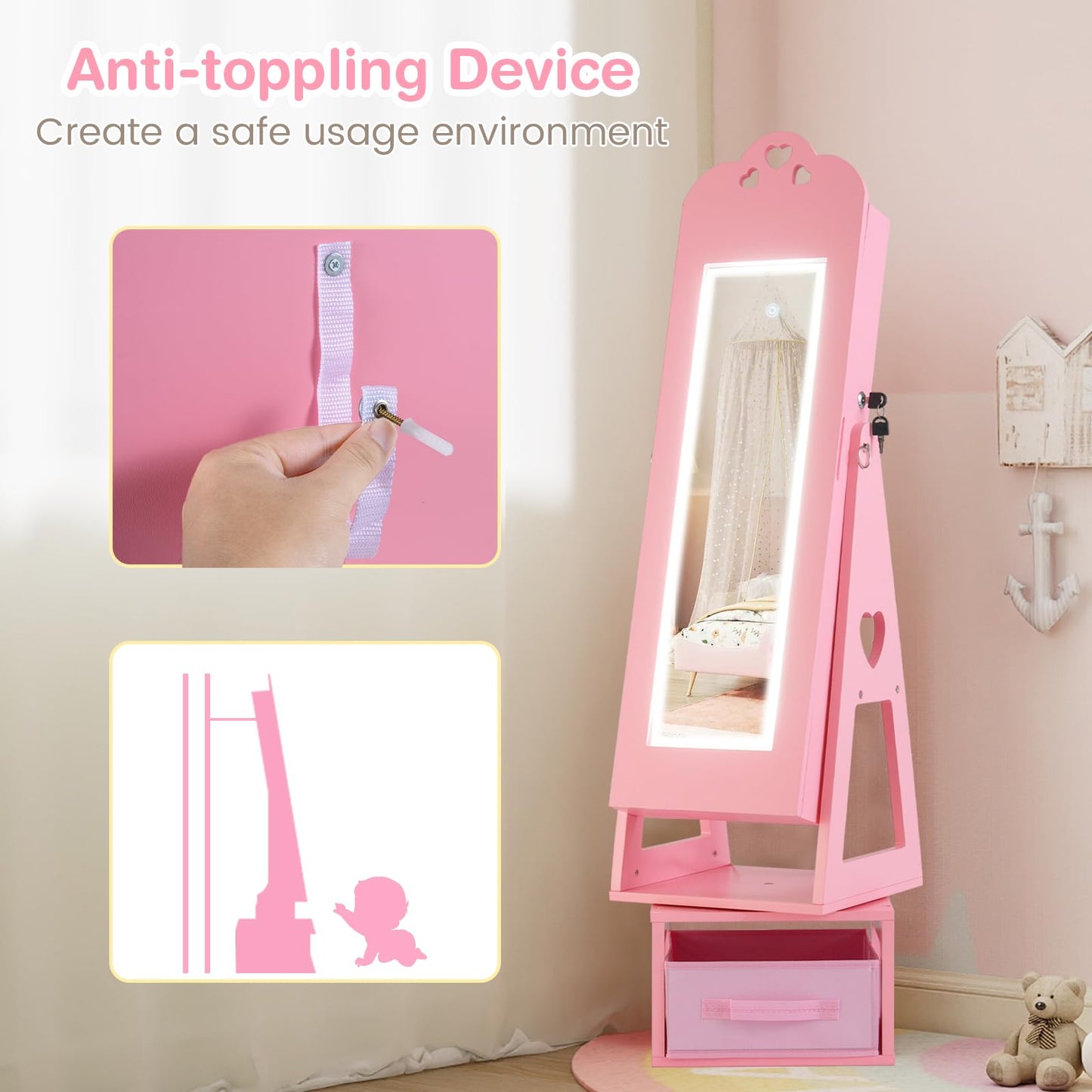 Swivel Kids Jewelry Cabinet with Full-Length Mirror and Lights