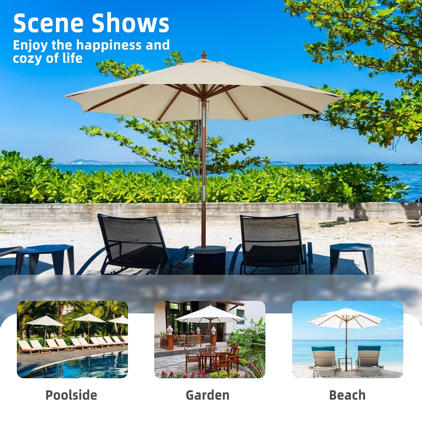 2.7/3m Wooden Patio Parasol Sun Shade Umbrella with 8 Ribs