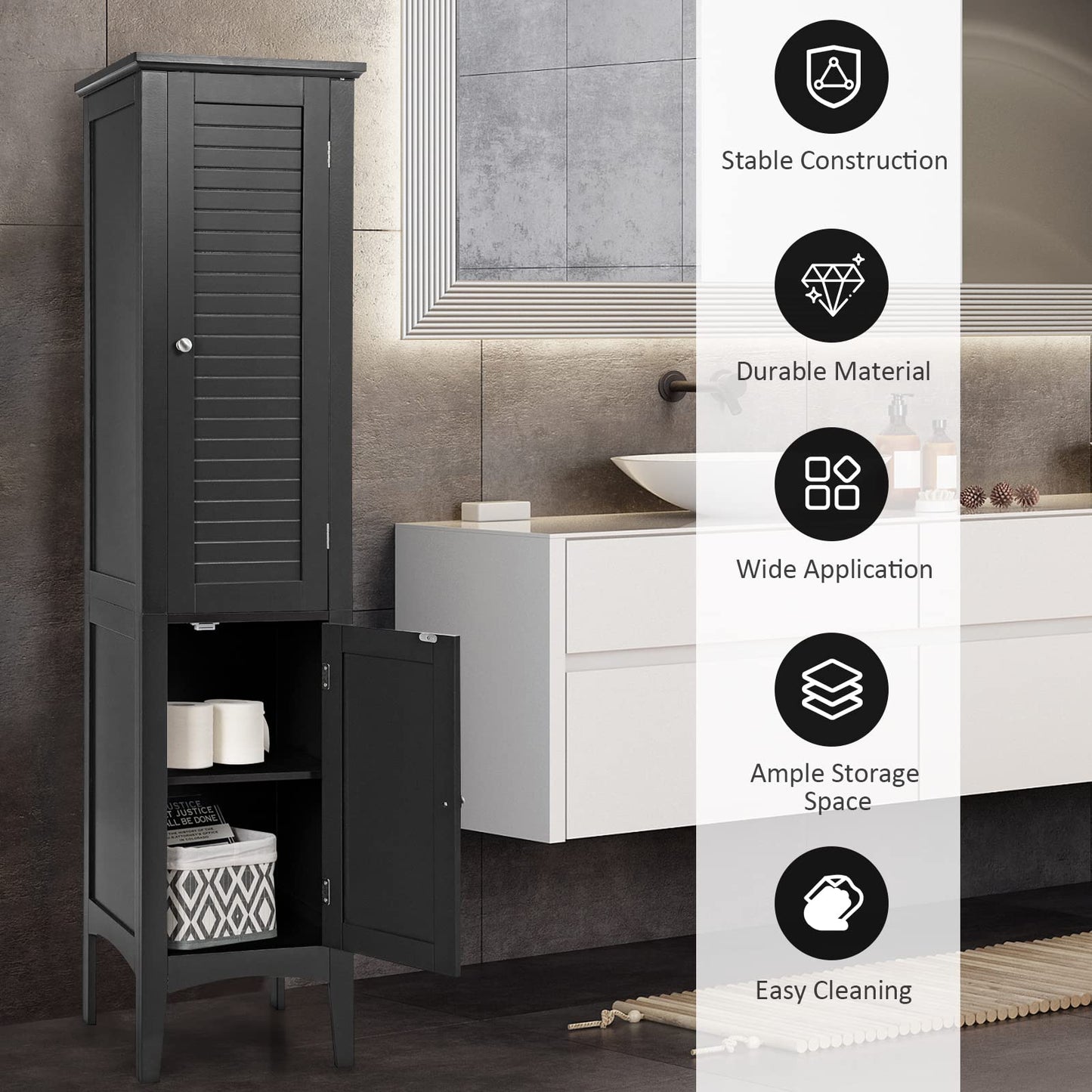 2 Door 160cm High Freestanding Bathroom Cabinet with 5 Tier Shelves