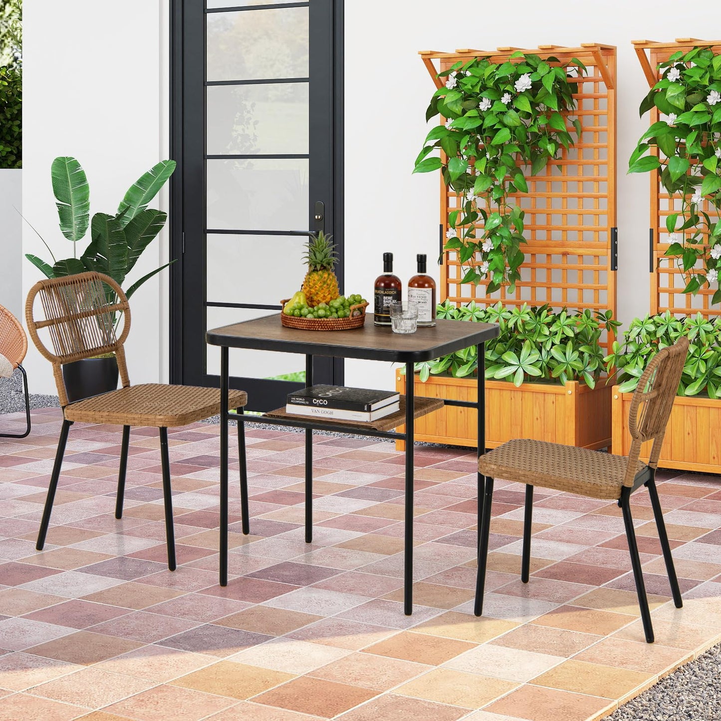 Outdoor Dining Table with 2 Varied-Size Stackable Rattan Chairs & Shelf