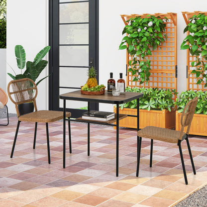 Outdoor Dining Table with 2 Varied-Size Stackable Rattan Chairs & Shelf