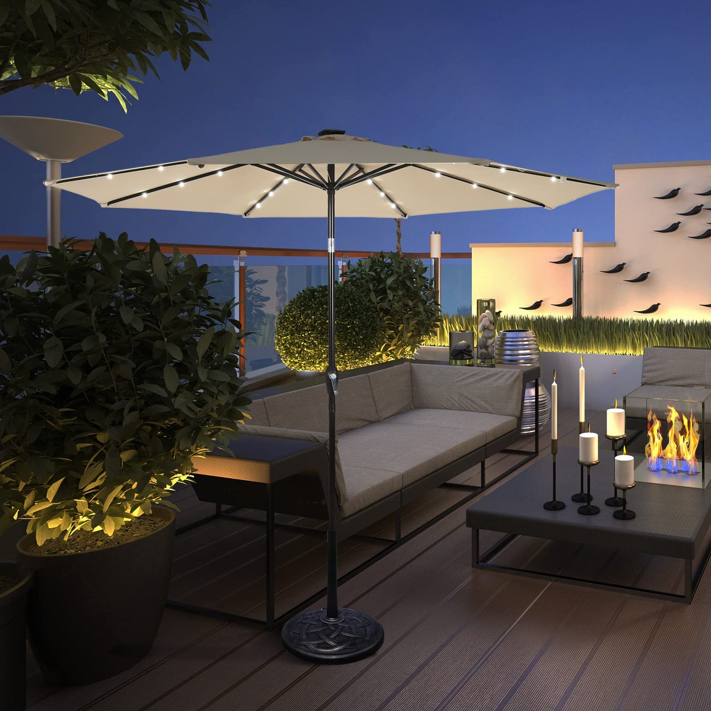 24 Solar Powered LED Lights Patio Umbrella with Tilt and Crank Handle