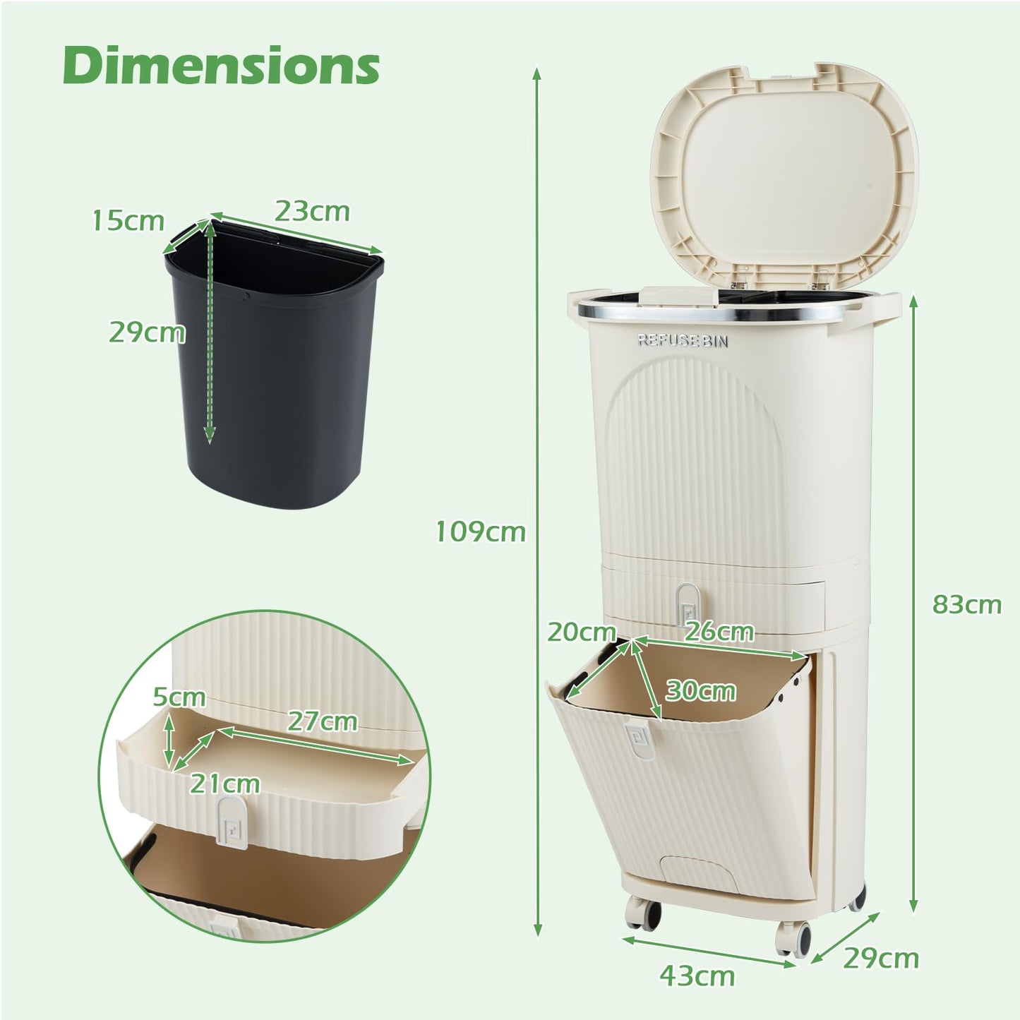 Recycling Bins, 42L Dry and Wet Separation Trash Can with 3 Compartments, Wheels, Stickers & Handl