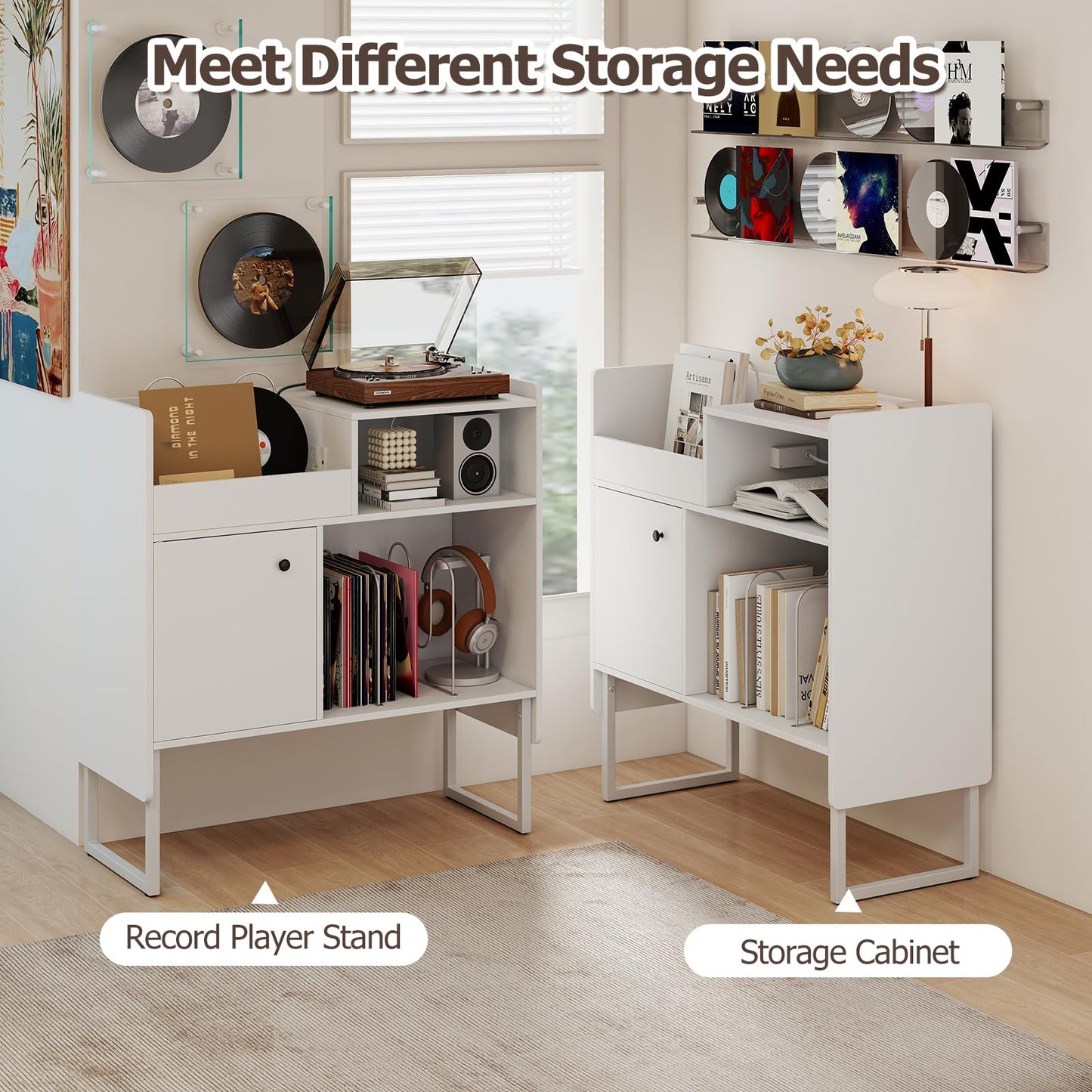 Record Player Stand with Charging Station, End Table with Display Shelves & Door