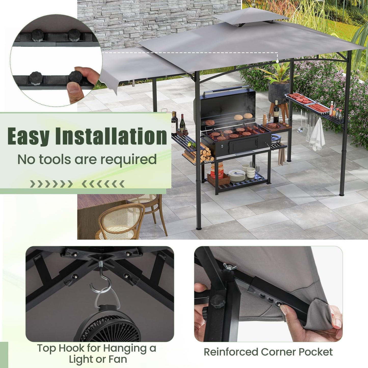Fire Resistant Waterproof Outdoor BBQ Shelter with 2 Side Shelves