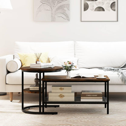 Nesting Coffee Table Set of 2, Faux Marble Cocktail Center and Round End Table with Storage Shelf & Adjustable Foot Pads