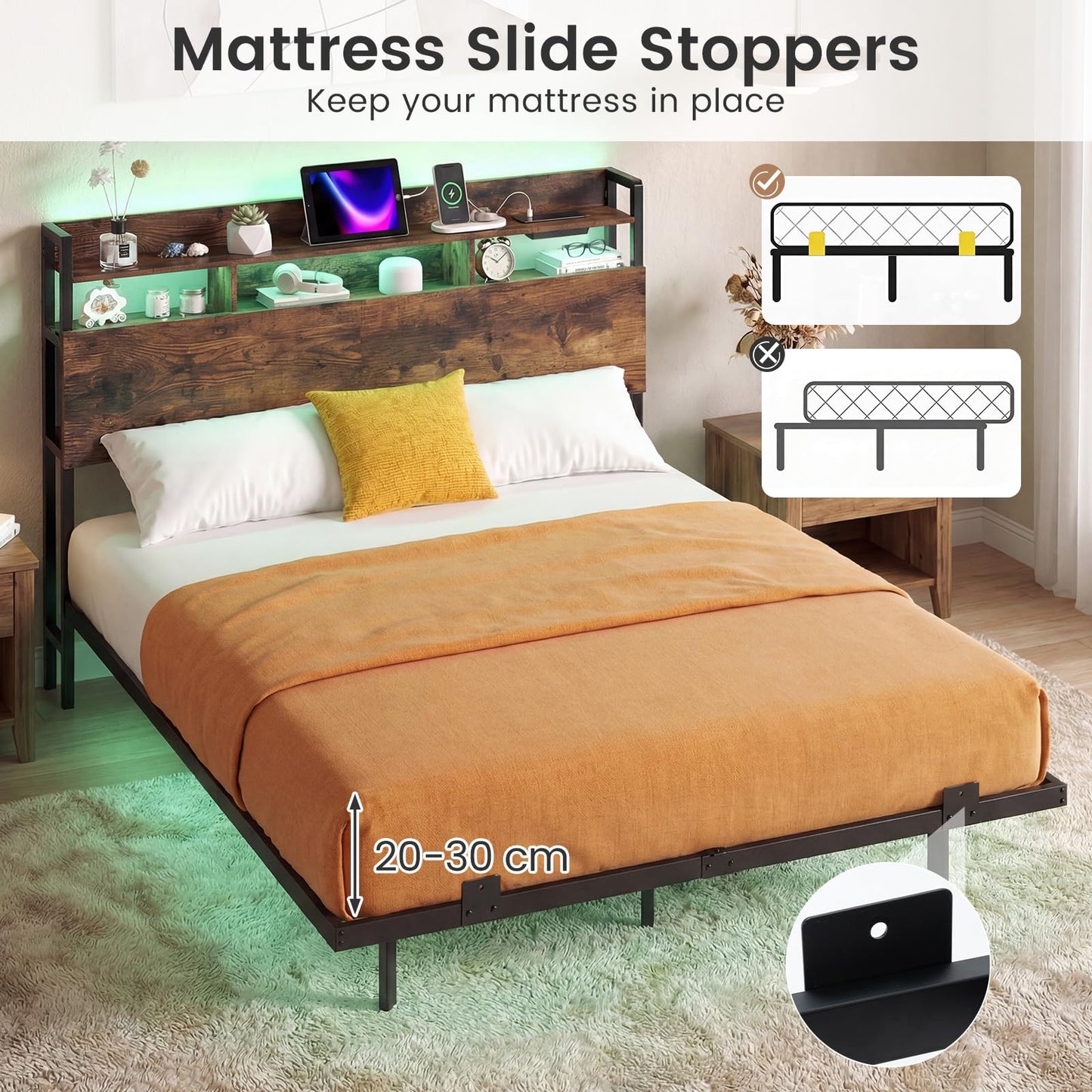 King Size Bed Frame with LED Lights and Charging Station