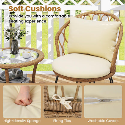 3 Pieces PE Wicker Patio Bistro Set with Cushions for Porch