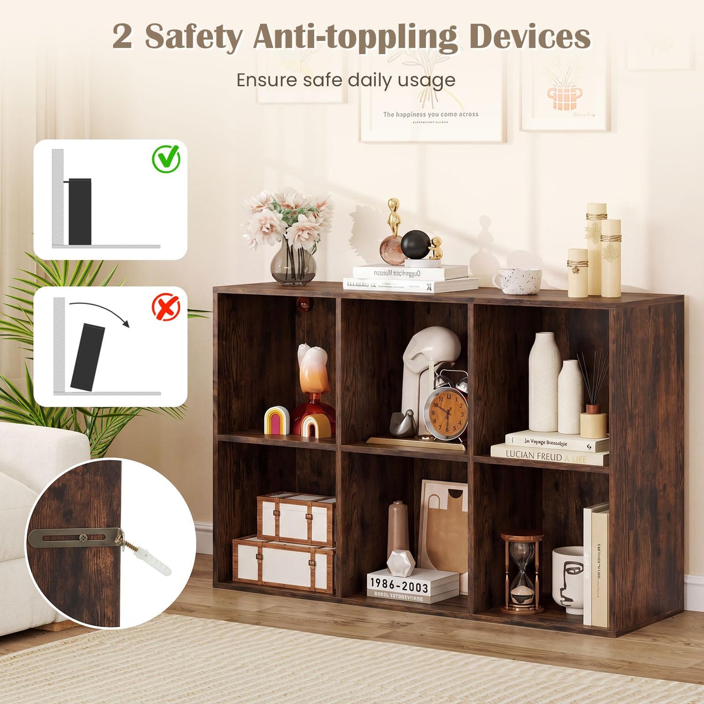 6-Cube Bookcase 3-Tier Storage Organizer with Anti-Tipping Kits for Living Room Study