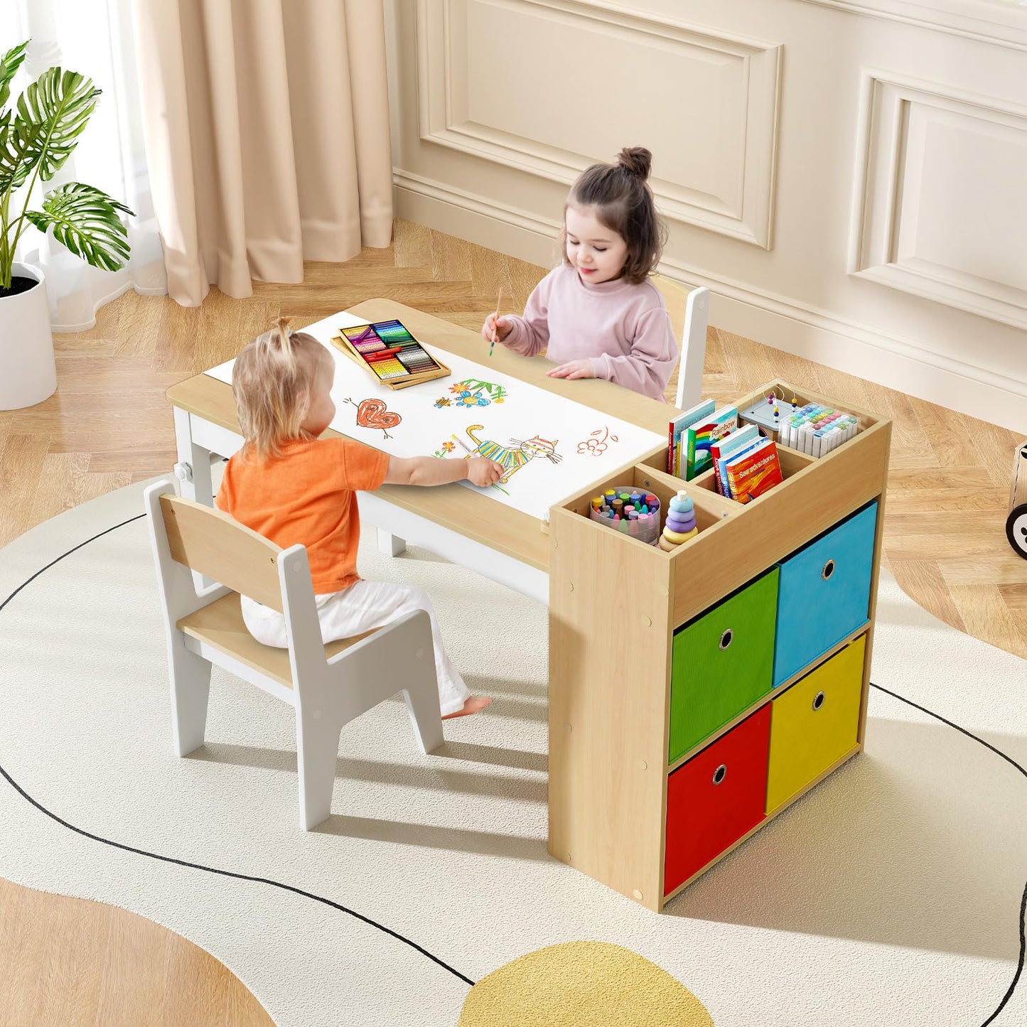 Kids Art Table and Chairs, Wooden Children Study Desk
