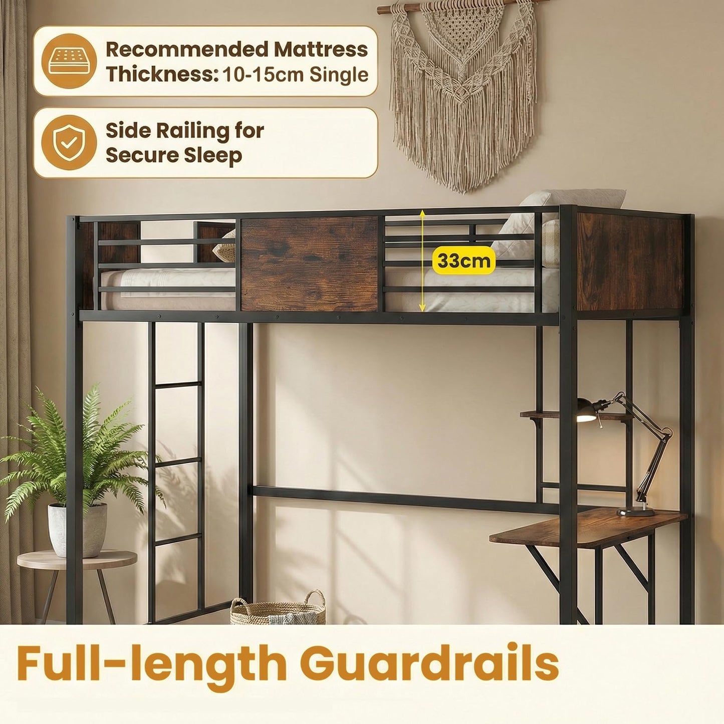 Loft Bed Single Size Heavy Duty Metal Bedframe with Desk