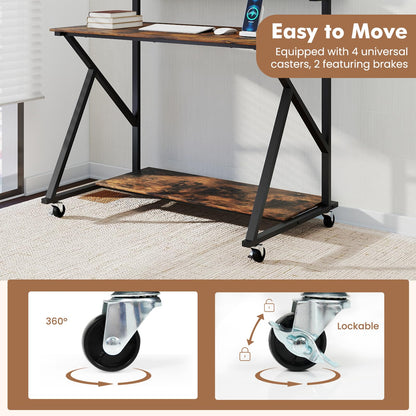 Mobile Computer Desk with Power Outlets Monitor Stand and Storage Shelf