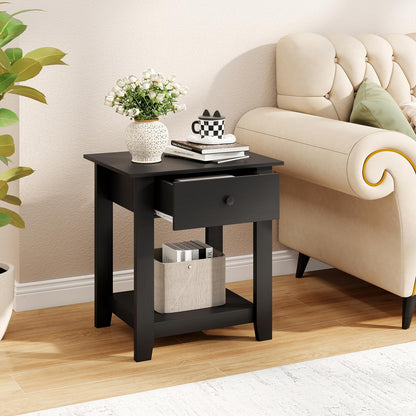 Wooden Nightstand End Sofa Side Table with Drawer and Open Shelf
