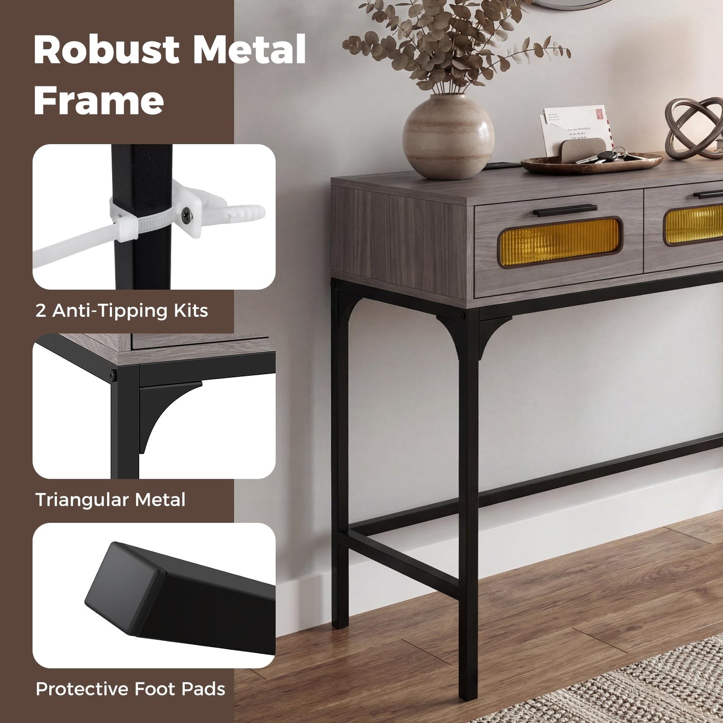 Console Table with LED Lights and Charging Station, 90cm Narrow Entryway Table with 3 Drawers