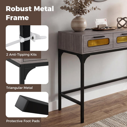 Console Table with LED Lights and Charging Station, 90cm Narrow Entryway Table with 3 Drawers