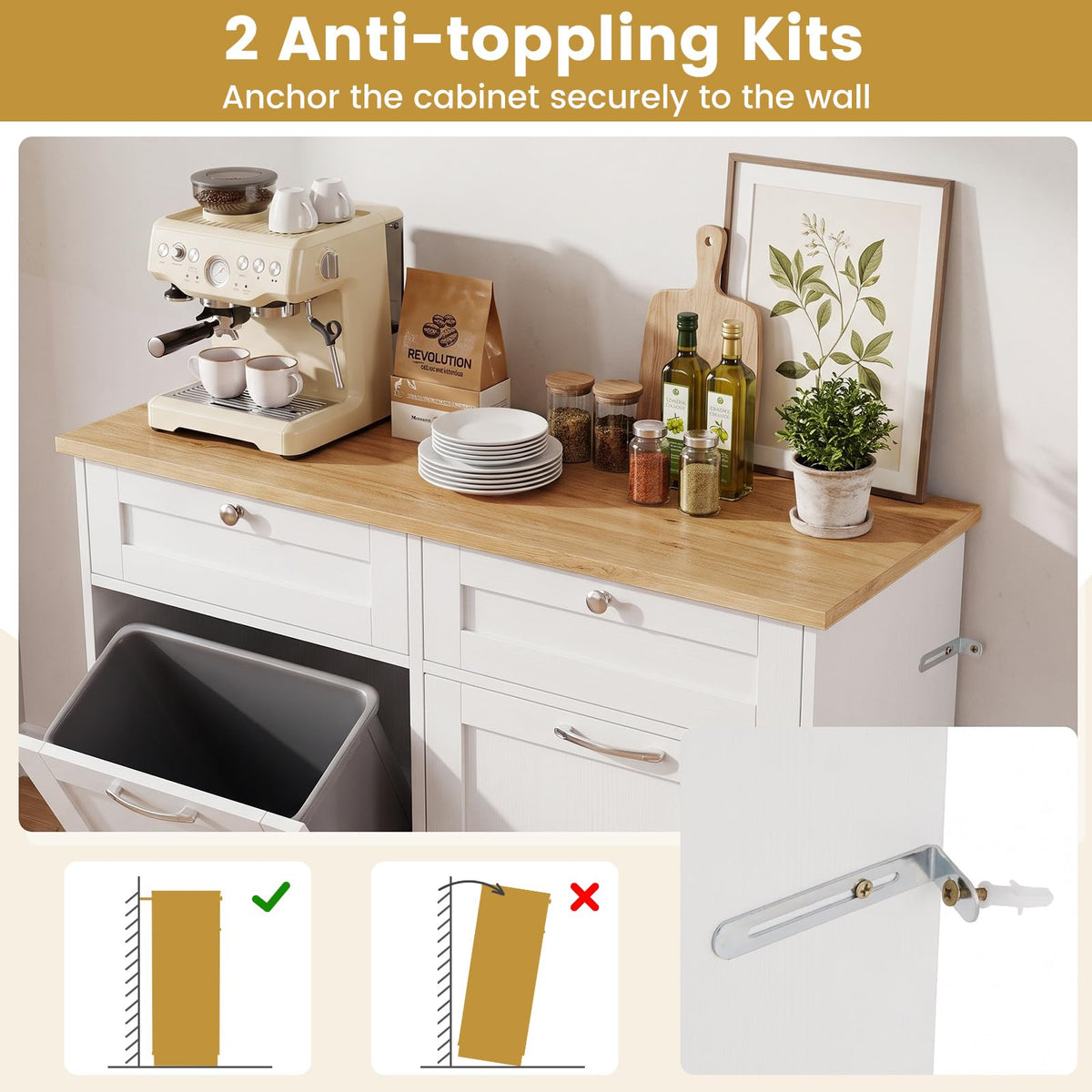 Hidden Tilt Out Trash Bin Cabinet with Shelves Wooden Storage Organizer for Kitchen