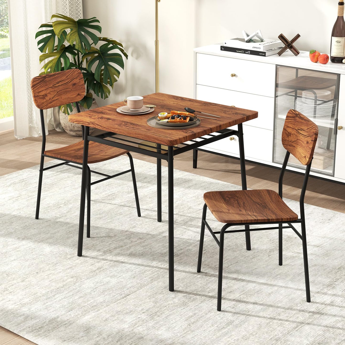 Rectangular Breakfast Kitchen Table Set with 2 Chairs and Storage Rack