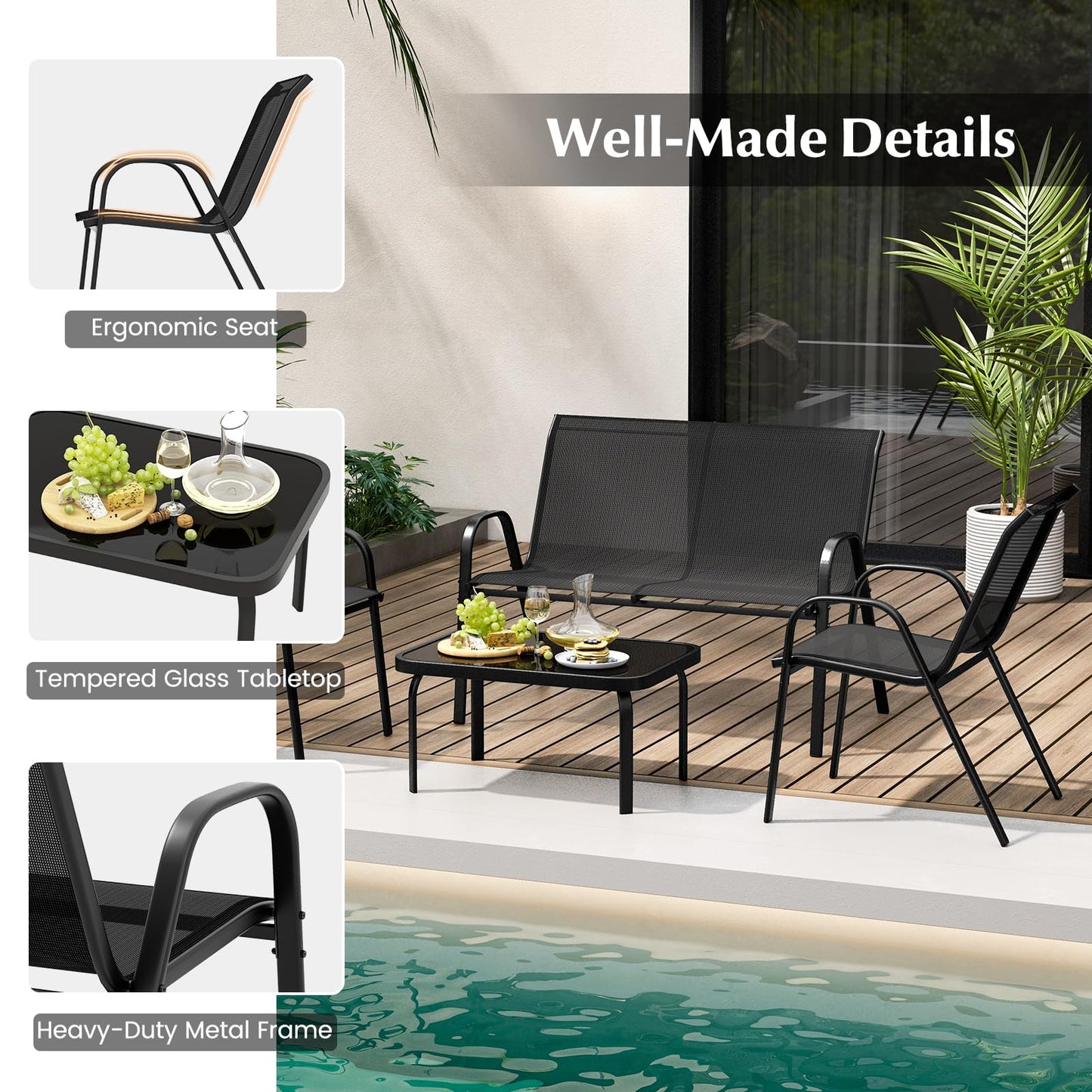 4-Piece Garden Furniture Set, Metal Frame Patio Conversation Set with Loveseat