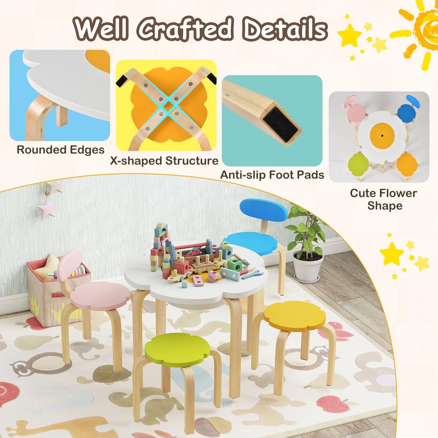 Flower-shaped Children Table Set with 2 Colorful Chairs and Stools