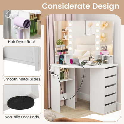 Corner Dressing Table with 3-Angle LED Lights Mirrors & Charging Station