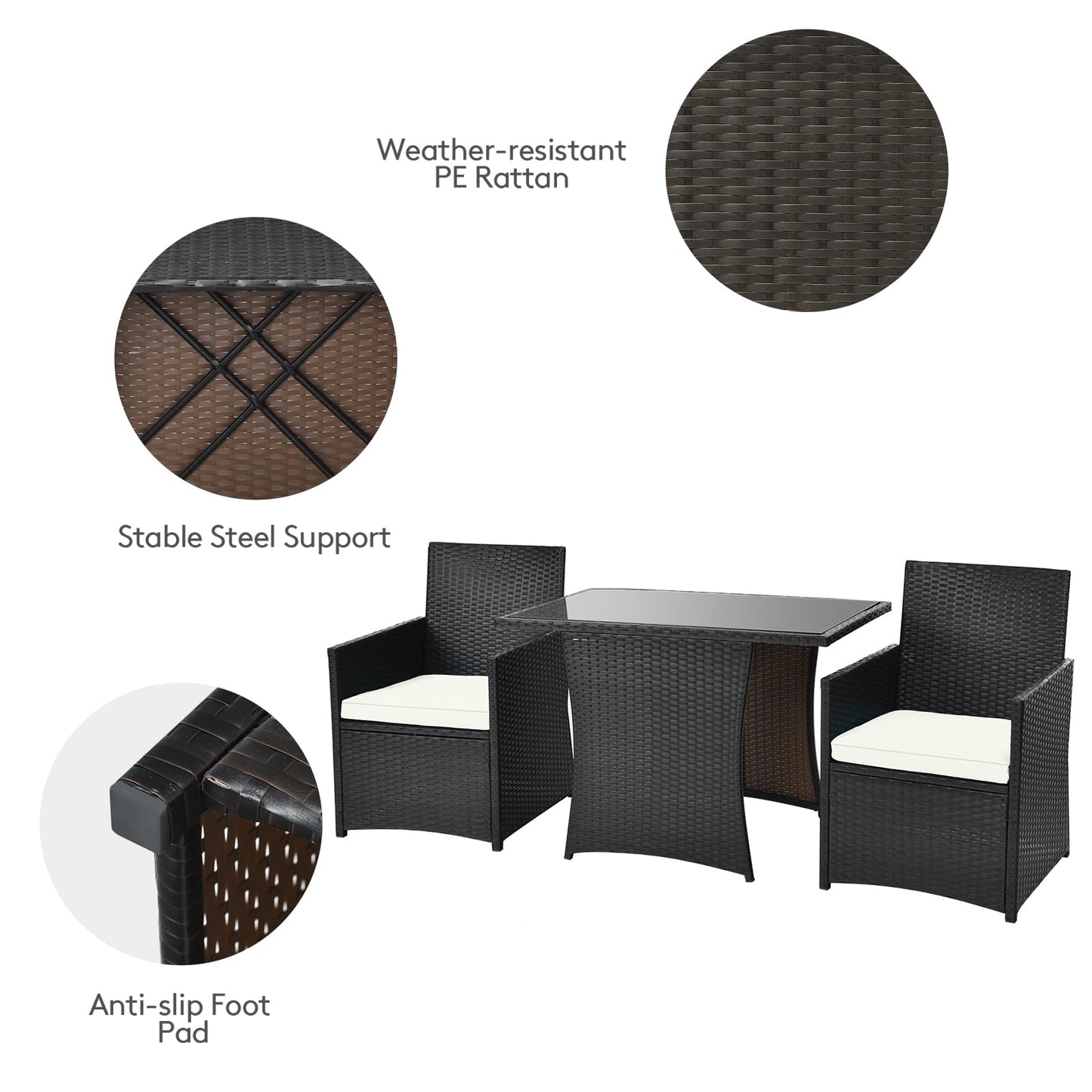 3 Pieces Patio PE Wicker Set with Tempered Coffee Table