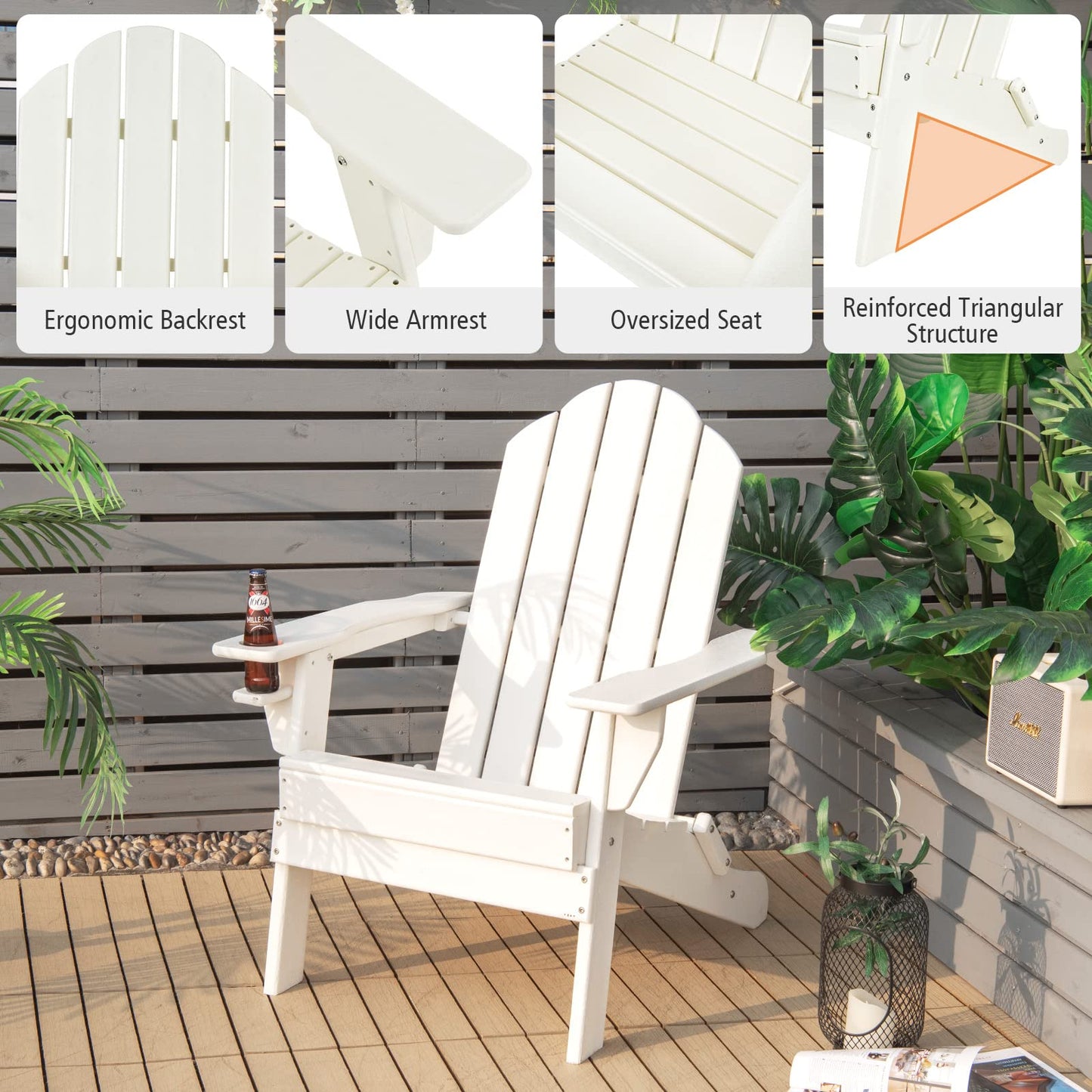 Weather Resistant Folding Adirondack Chair with Built-in Cup Holder