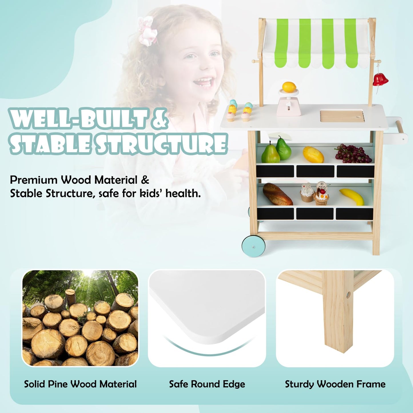 Kids Wooden Grocery Store Playset with 6 Pieces Play Food