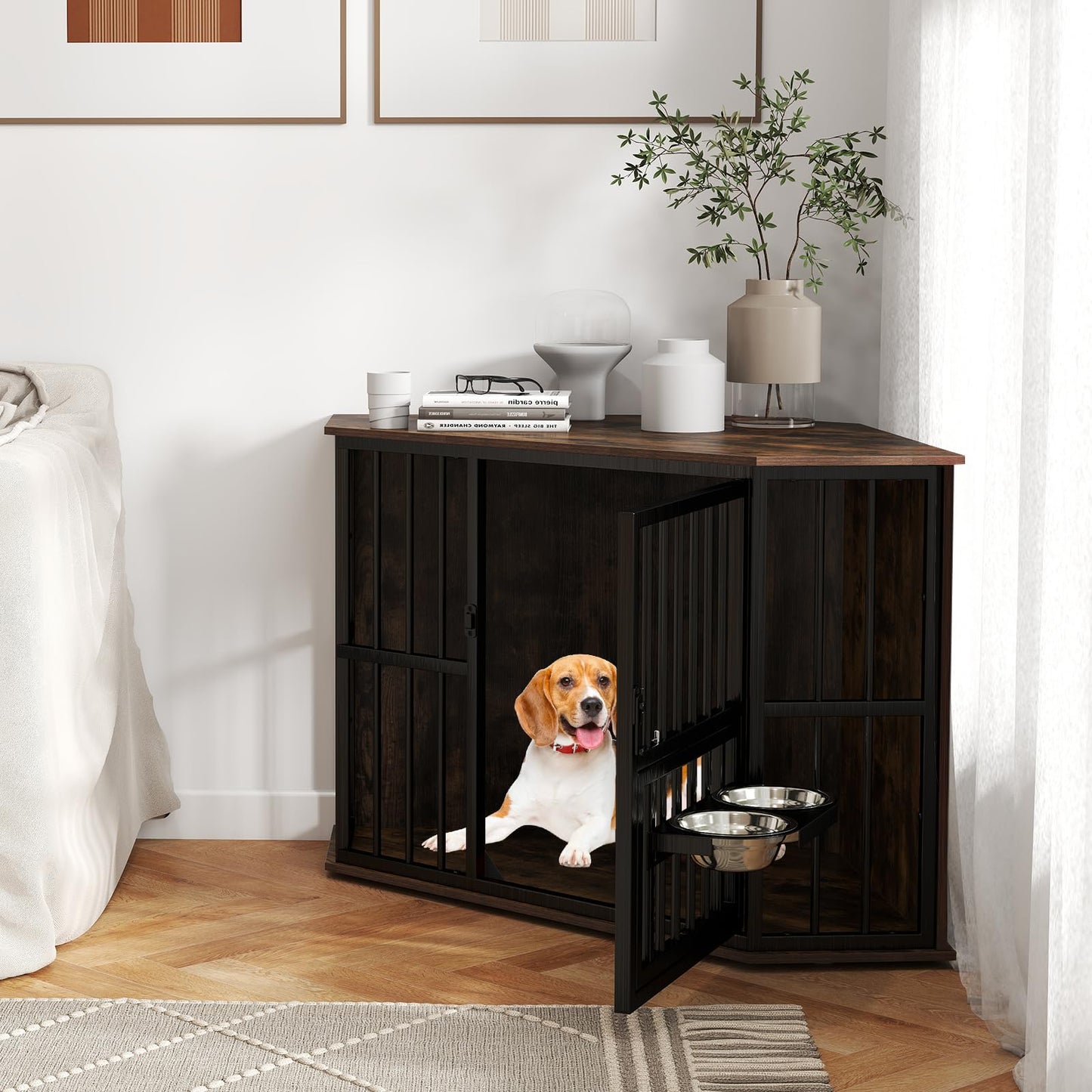 Corner Dog Crate Space Saving Dog Cage with Adjustable Feeder