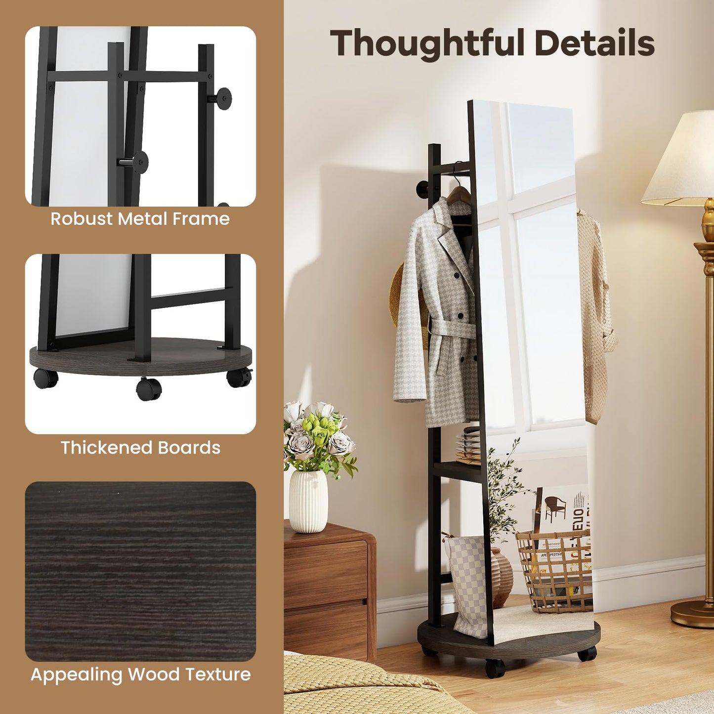 360¡ã Rotating Wood Frame Full Body Floor Mirror with Hanging Hooks