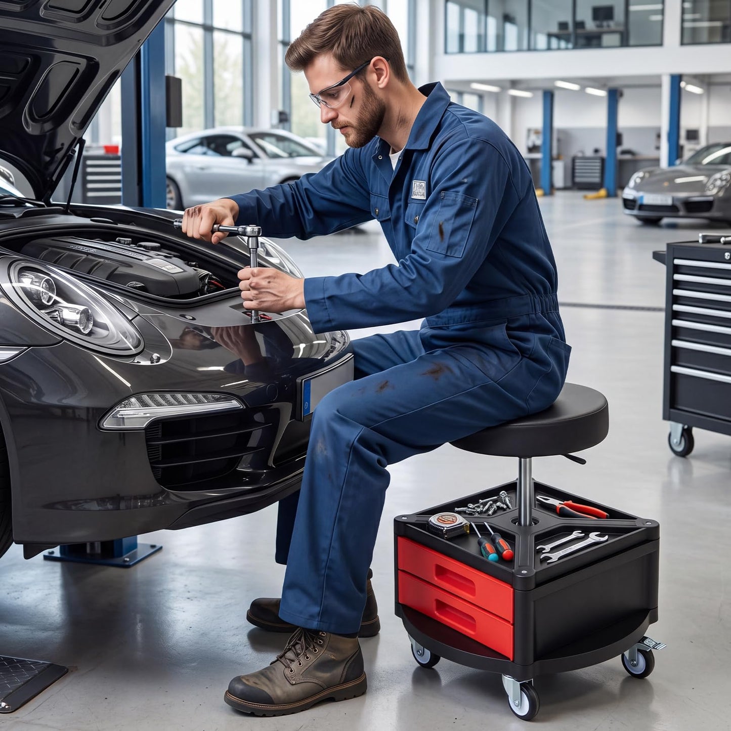 Height-Adjustable Rolling Mechanic Stool with Cushioned Seat Tool Tray for Repair Shop