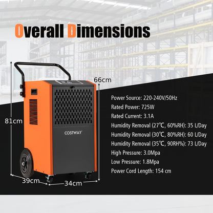 73 L/Day Industrial Dehumidifier with Drain Hose and Timer