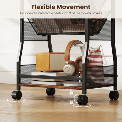 Rolling File Utility Cart with 3 Slanted Side Shelves and Lockable Wheels