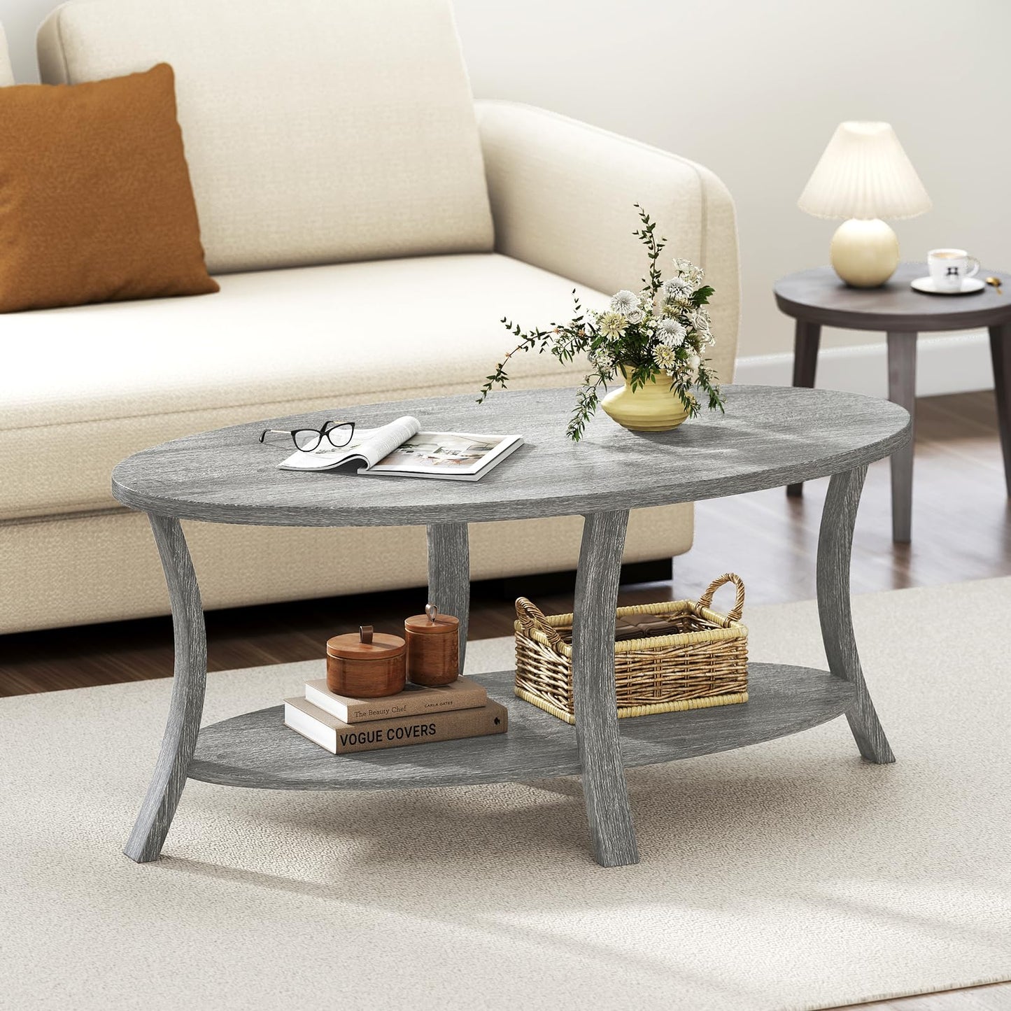 Oval Coffee Table 2-Tier Center Table with Storage Shelf