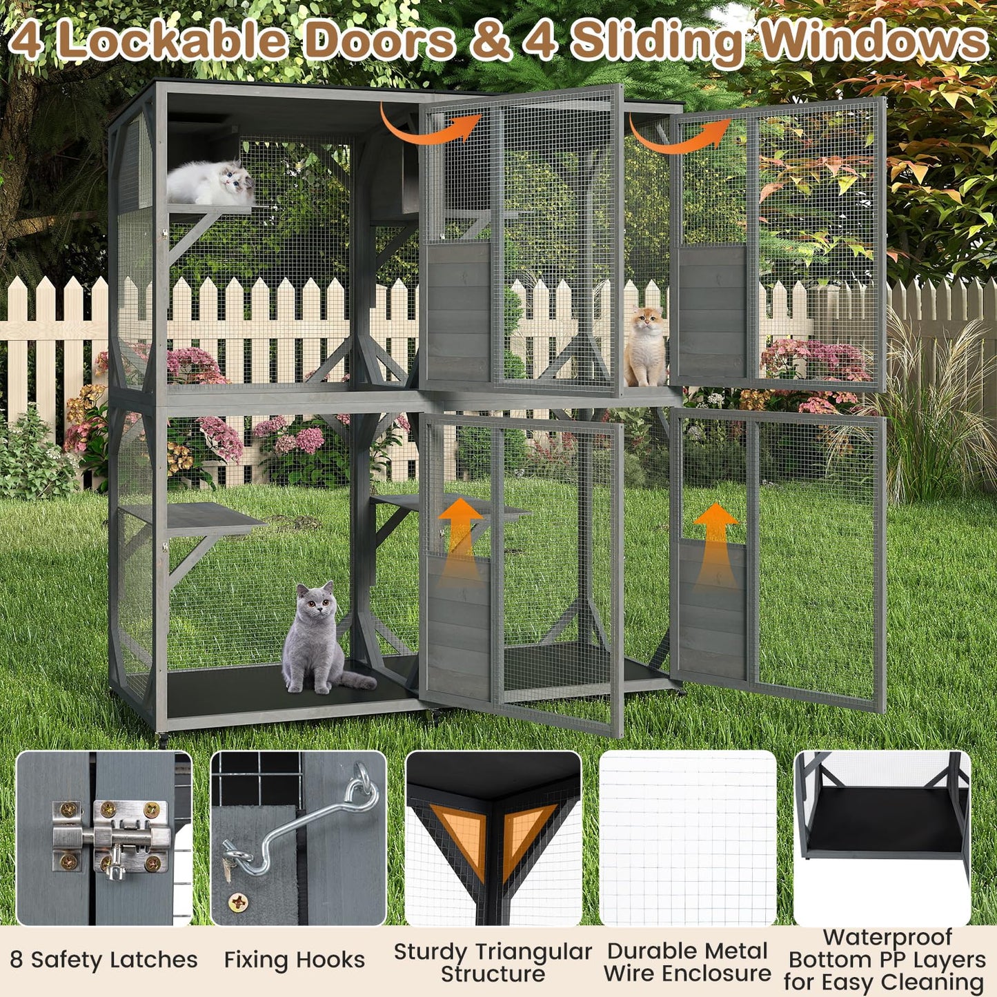 Spacious Fir Wood Outdoor Cat Enclosure with 2 Rest Nooks and 4 Activity Platforms