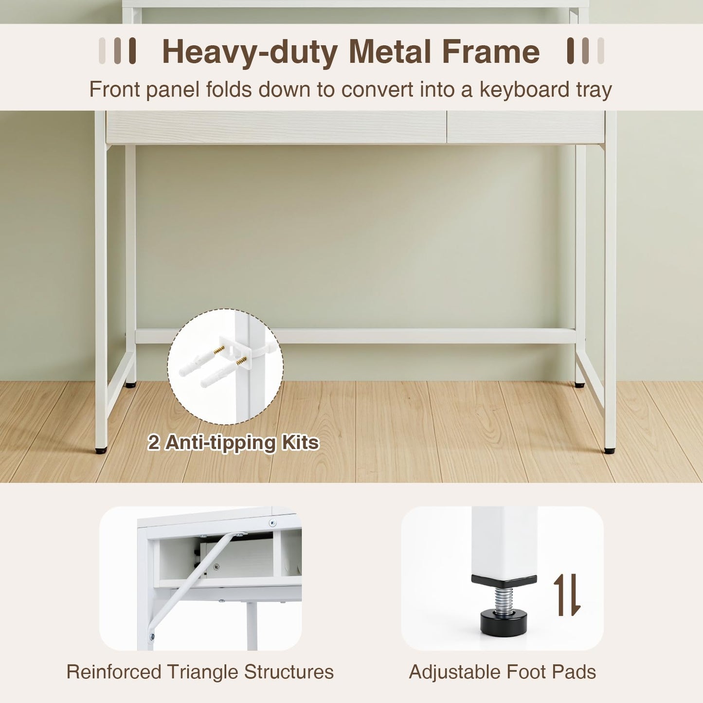 Computer Desk with Power Outlets, 100 x 50 x 90cm Office Desk | Removable Monitor Stand, Dual-use Drawer
