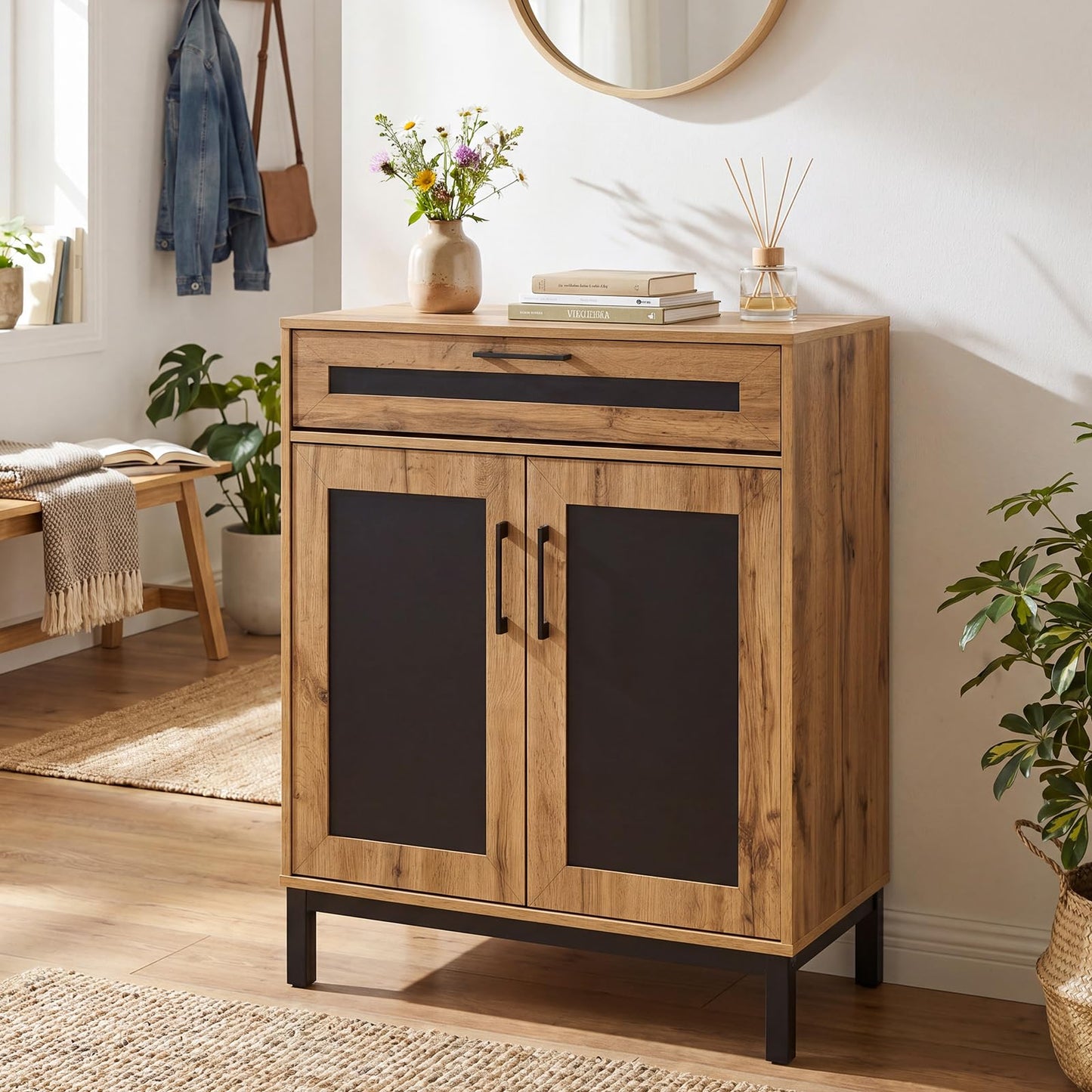 Storage Cabinet, Wooden Buffet Sideboard with Drawer, Doors, Removable Shelves and Metal Legs
