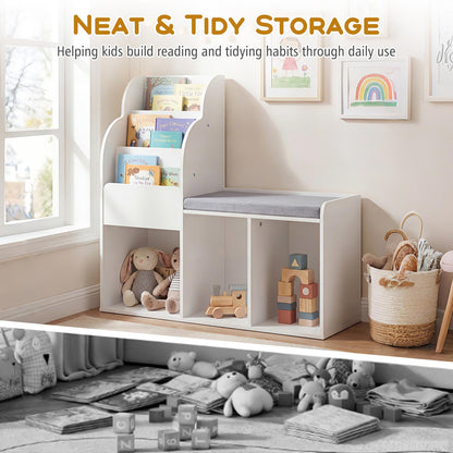 Kids Reading Nook with Bench Wooden Toddler Bookcase with 3 Storage Cubbies