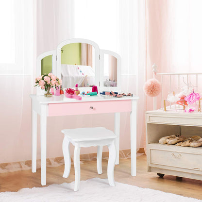 Kids Vanity Table and Stool Set Princess Makeup Dressing Table