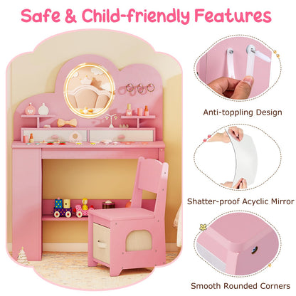 Kids Vanity with Lights Princess Vanity Table and Chair Set with 2 Drawers