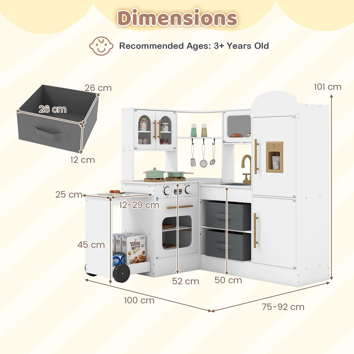 Corner Kitchen Playset Kids Pretend Play Kitchen with Pull-out Cart Fabric Bins